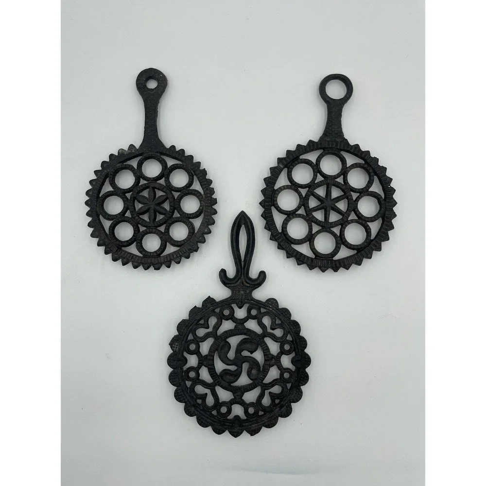 Vintage MCM  Set of 3 Black Cast Iron Trivets Wall Hangings Round Stars